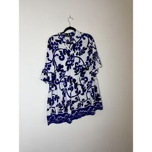 Mlle Gabrielle Tunic Dress L Blue White Excellent Damask Tiered Ruffle Sleeve